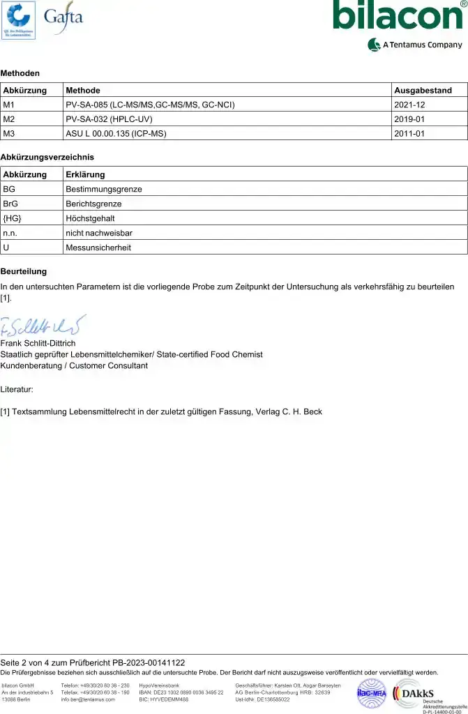 Zertifikat und Laboranalyse Camu Camu vom Juni 2023