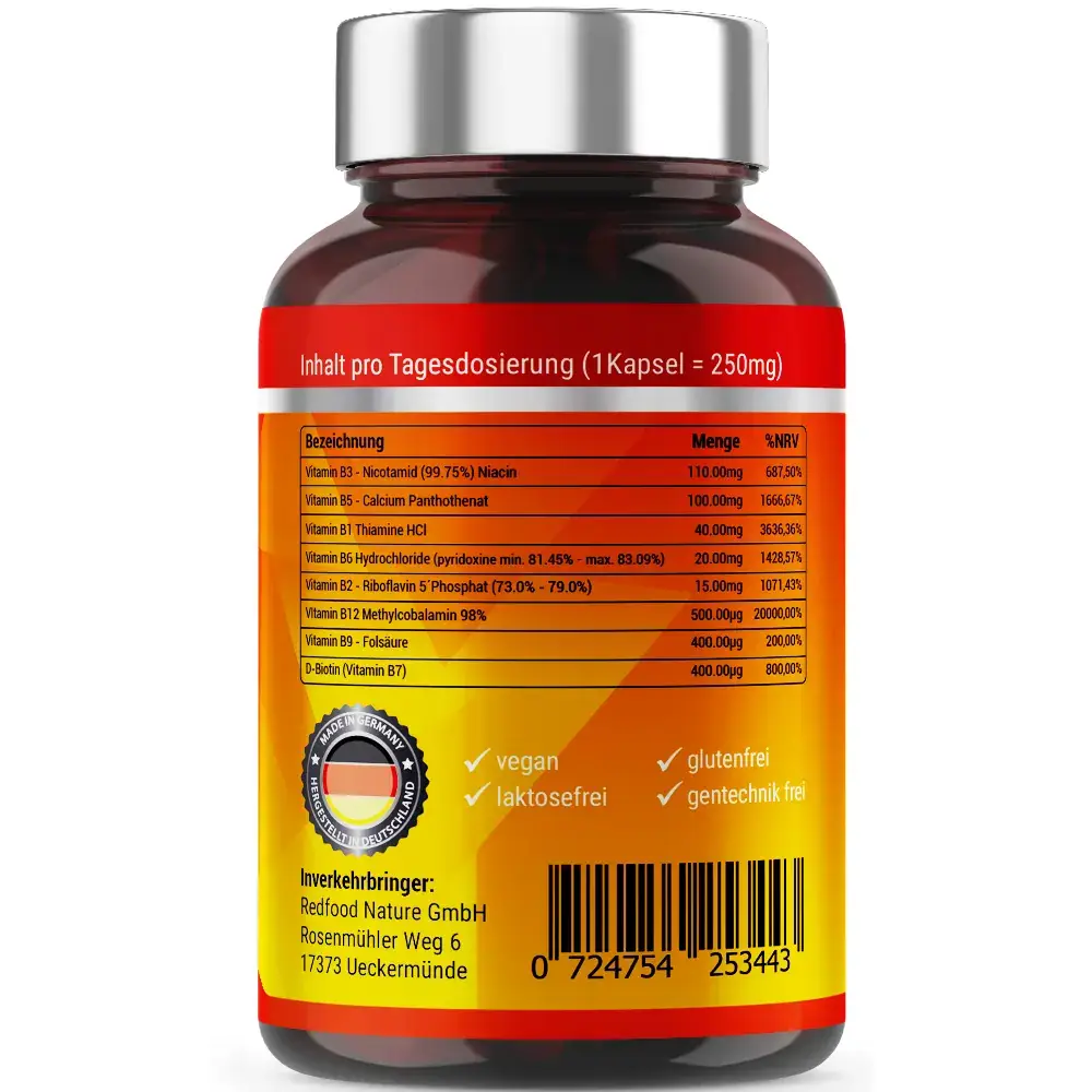 Niacin, Calcium Panthothenat, Thiamine HCl,Pyridoxin Hydrochloride, Riboflavin 5´Phosphat, Methylcobalamin, Folsäure, D-BiotinHydrochloride