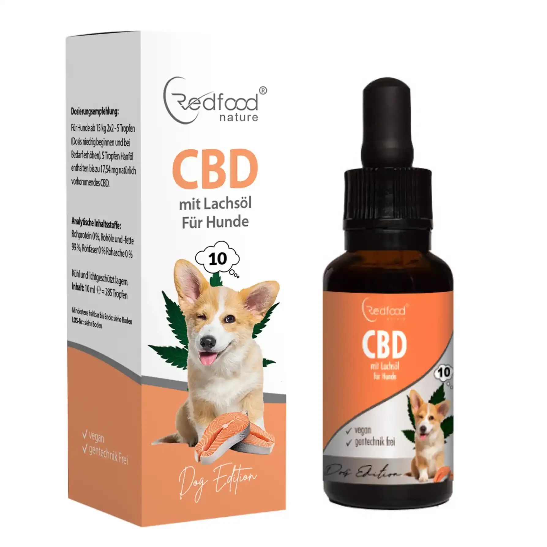 Ein Fläschchen mit CBD Öl für Hunde von Redfood, angereichert mit Lachsöl und anderen wertvollen Inhaltsstoffen. Die Flasche ist auf einem neutralen Hintergrund platziert.