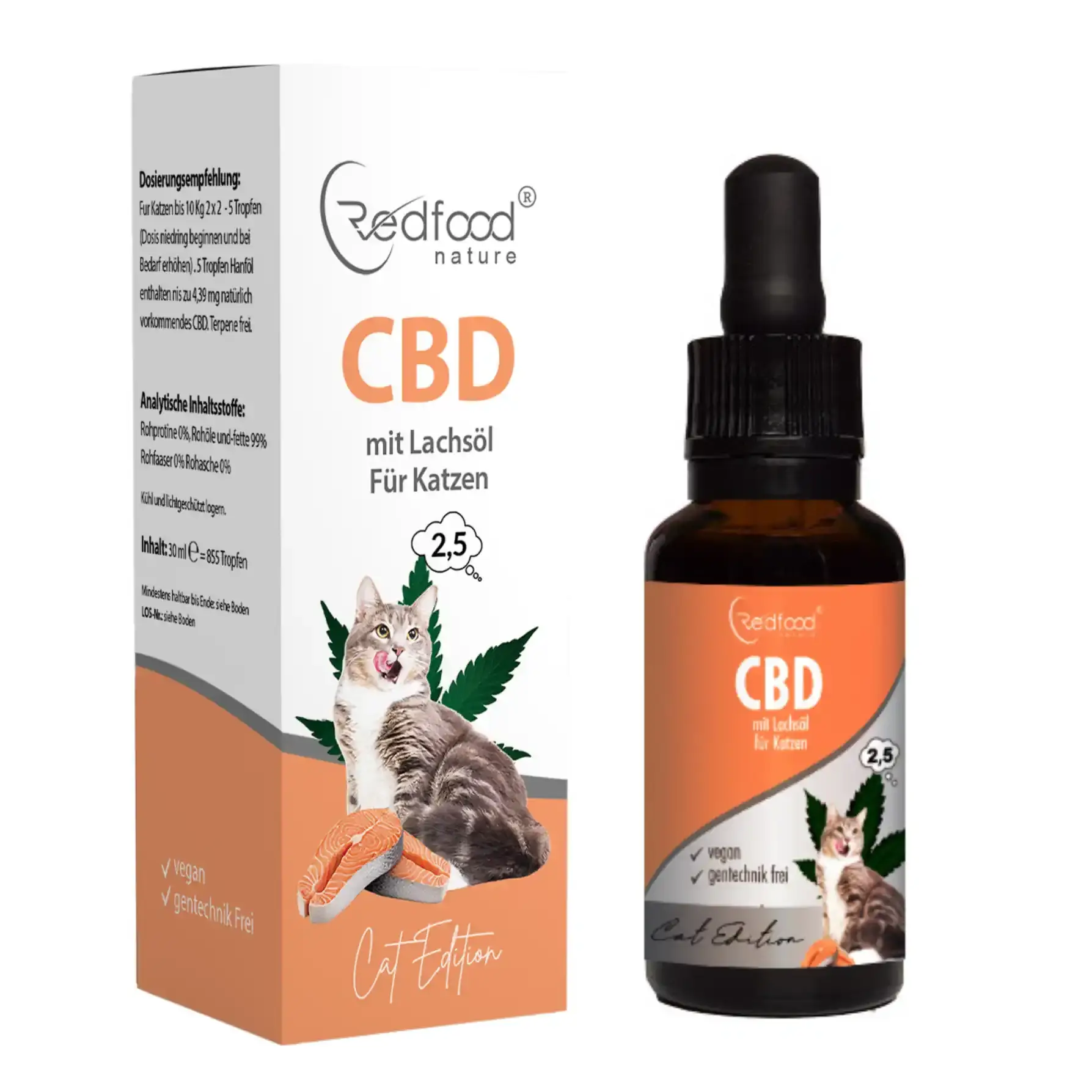 Eine Flasche mit CBD-Katzenöl, das mit Leinsamenöl formuliert ist. Die Flasche zeigt das Redfood-Logo und enthält klare, transparente Flüssigkeit. Im Hintergrund sind eine Katze und eine Schale mit Leinsamen zu sehen.