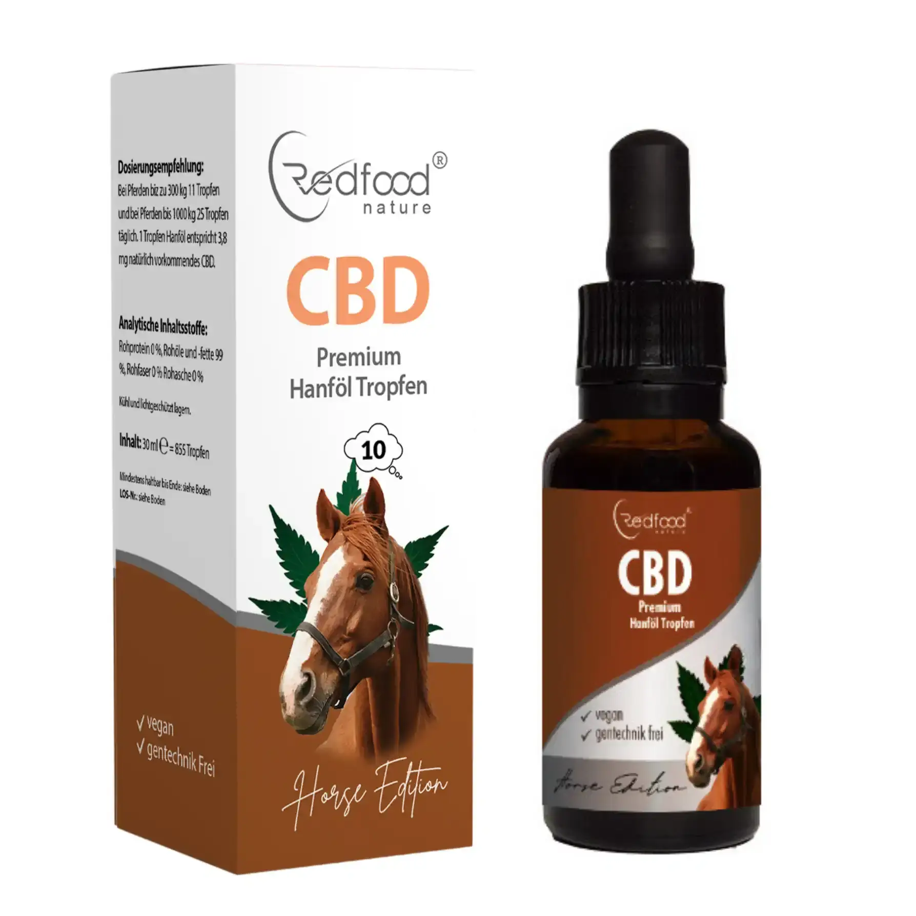 Alternativtext für das Produktbild: Eine Flasche mit 30 ml CBD Öl für Pferde von Redfood. Die Flasche ist mit einem Etikett versehen, das das Logo von Redfood und die Produktinformationen zeigt. Ein sanftes Bild eines Pferdes, das in einer ruhigen Umgebung steht, ist im Hintergrund zu sehen, um die entspannende und beruhigende Wirkung des Produkts zu vermitteln.