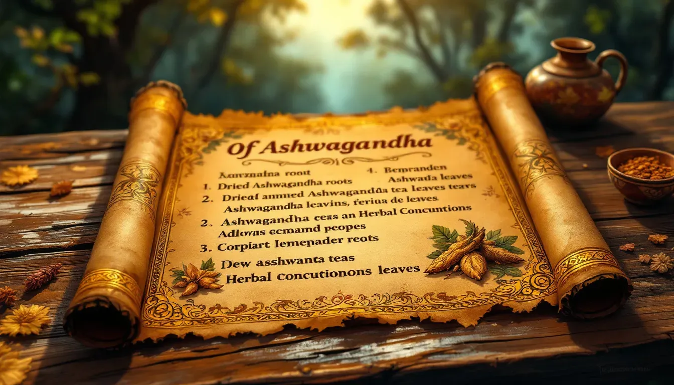 Eine Einkaufsliste für Ashwagandha-Produkte auf einem Tisch.